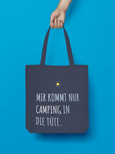 Laden Sie das Bild in den Galerie-Viewer, Jutebeutel in Nachtblau Mir kommt nur Camping in die Tüte