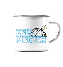 Laden Sie das Bild in den Galerie-Viewer, Emaille Tasse in Weiß "Zeltmeister"