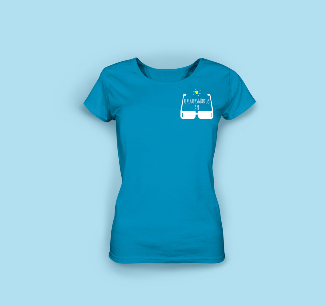 Frauen T-Shirt in Azurblau Urlaubsmodus an mit Motiv Brille