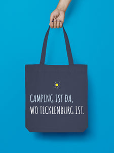 Jutebeutel in Nachtblau. Camping ist da, wo Tecklenburg ist.